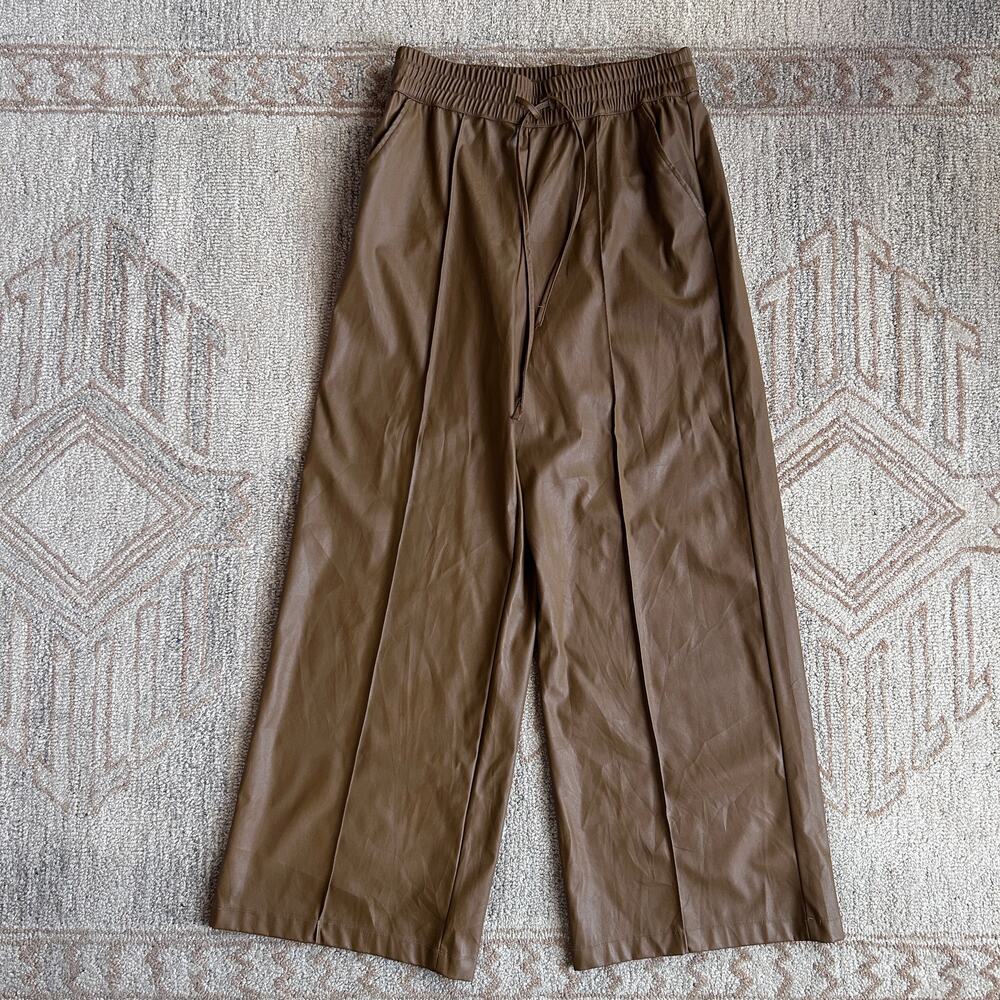Brown Wide Leg Vegan Leather Pants High Rise Minimalist Women M Streetwear